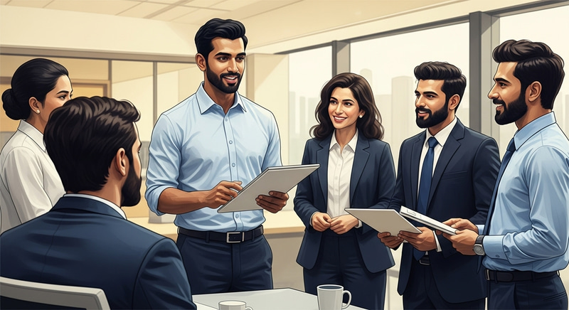 Male Business Engagement Director Visualizing AI Solutions in Modern Office Setting Male Business Engagement Director Visualizing AI Solutions in Modern Office Setting