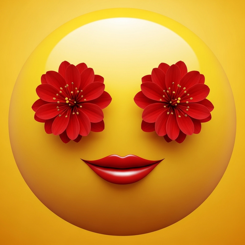 Bright Yellow Smile Emoji with Red Flower Eyes Bright Yellow Smile Emoji with Red Flower Eyes