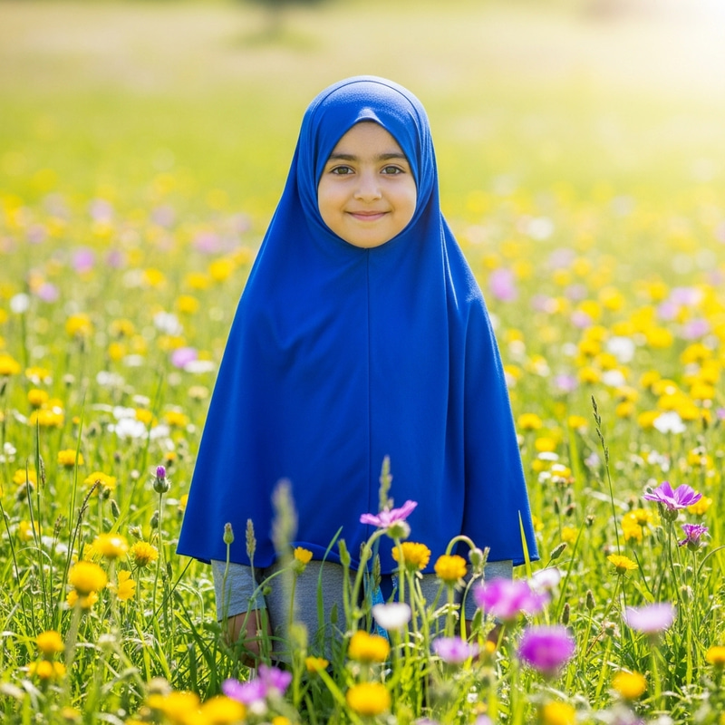 Beautiful Girl Wearing Blue Hijab in Meadow