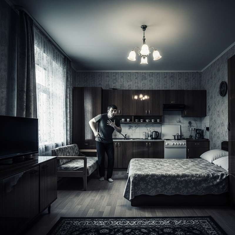 Young Man Startled at Home in Vintage Soviet Style Young Man Startled at Home in Vintage Soviet Style