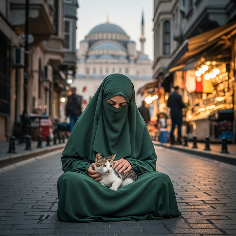 Muslim Woman in Green Niqab with Cat in Istanbul, Front View