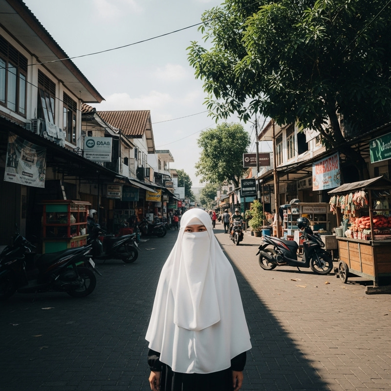 Muslim Girl in White Hijab Amidst Vibrant Indonesian Town Scene