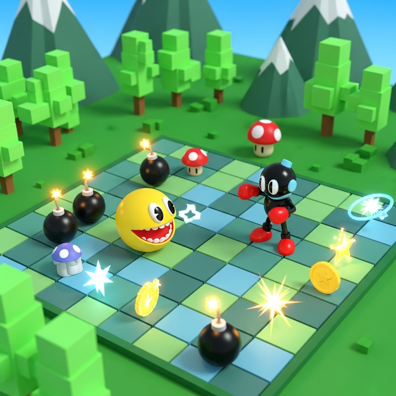 Adorable 3D Game Art: PacMan Vs Bomberman - Explosive Scene Adorable 3D Game Art: PacMan Vs Bomberman - Explosive Scene