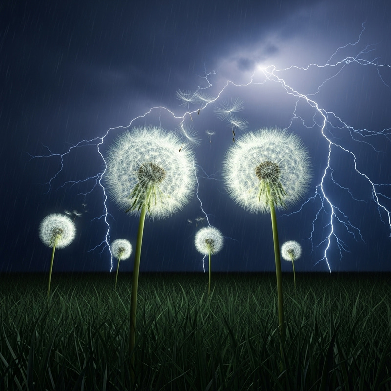 Surreal Lightning Storm Awakens Dandelions in Field Surreal Lightning Storm Awakens Dandelions in Field