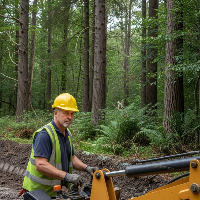 Road Worker Building in Verdant Forest: Infrastructure Creation