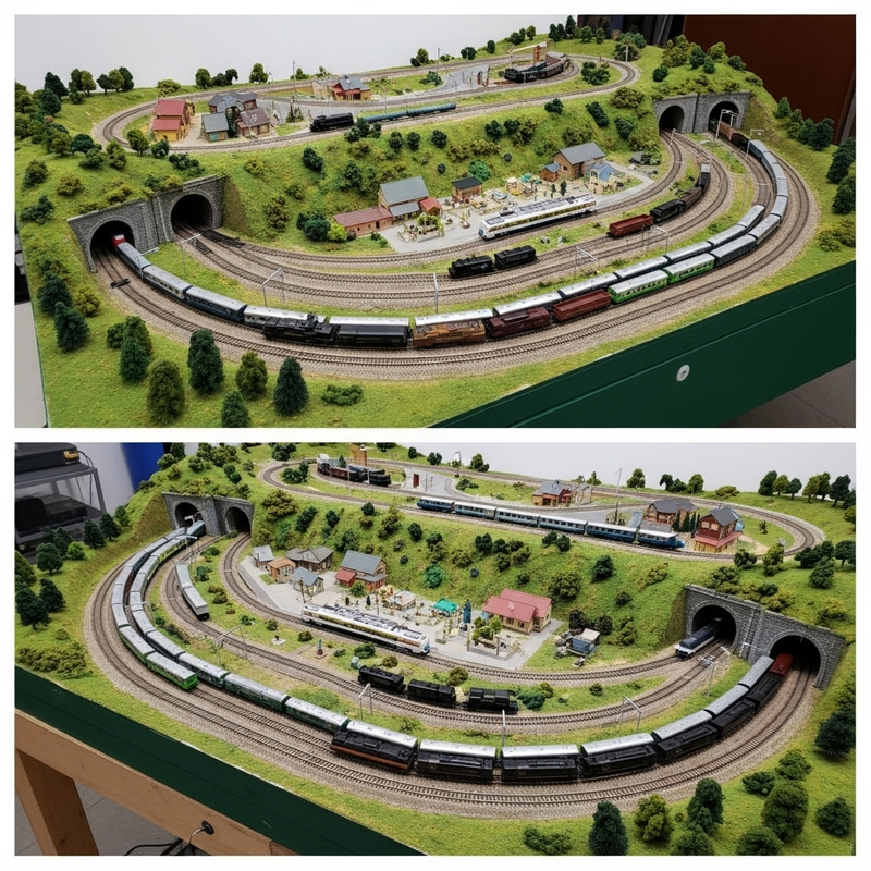 Enchanting N Scale Model Train Layouts with Tunnel and Hills, Digital Art Enchanting N Scale Model Train Layouts with Tunnel and Hills, Digital Art