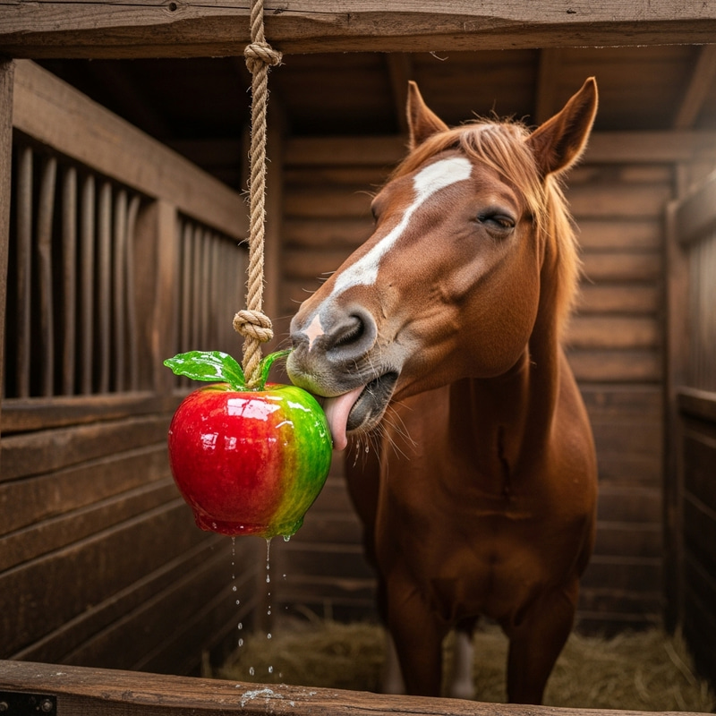 Horse Licking Sweet Candy in Colorful Apple-flavored Stable Horse Licking Sweet Candy in Colorful Apple-flavored Stable
