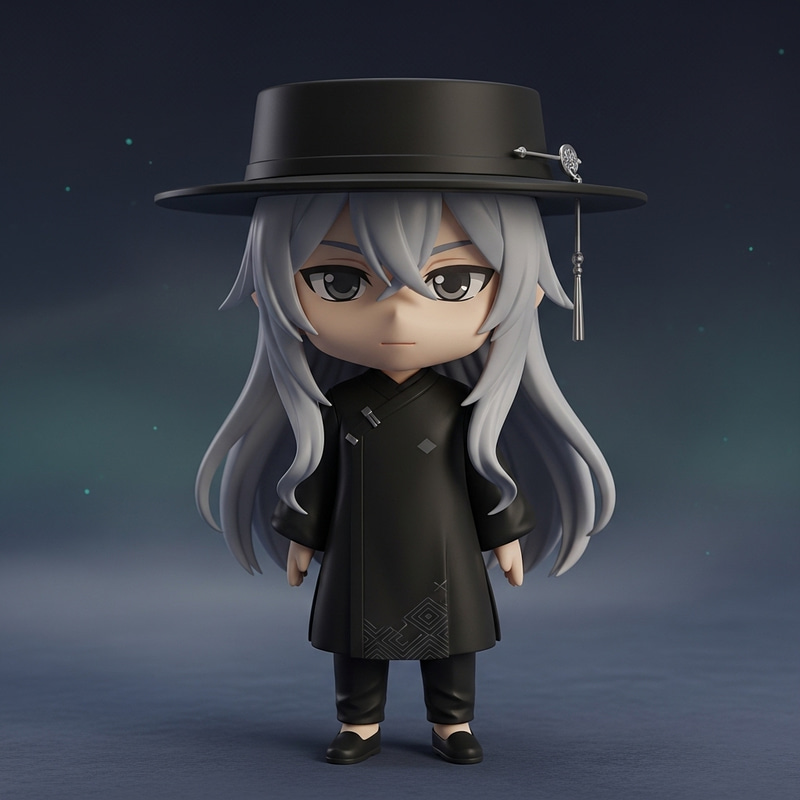 Cute Chibi Style Figure in Calm, Mysterious Aura with Long Silver Hair Cute Chibi Style Figure in Calm, Mysterious Aura with Long Silver Hair