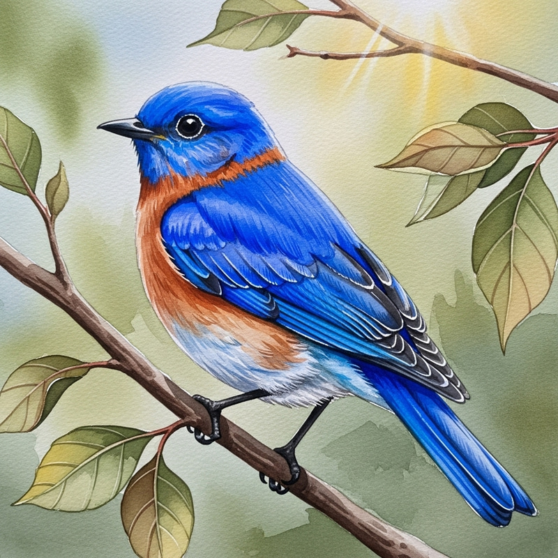 Bluebird Watercolor Art: Tranquil Bird Perched in Nature Scene