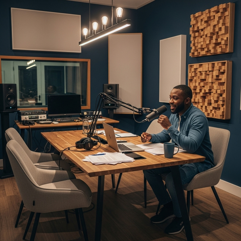 Captivating African-American Podcaster in Modern Studio