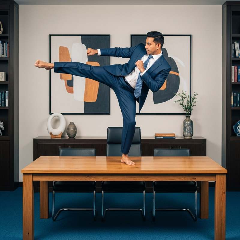 South Asian Business Executive Practicing Karate on Table
