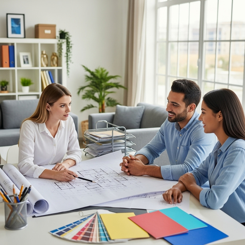 Interior Designer Meeting Homeowners in Office for Project Discussion Interior Designer Meeting Homeowners in Office for Project Discussion