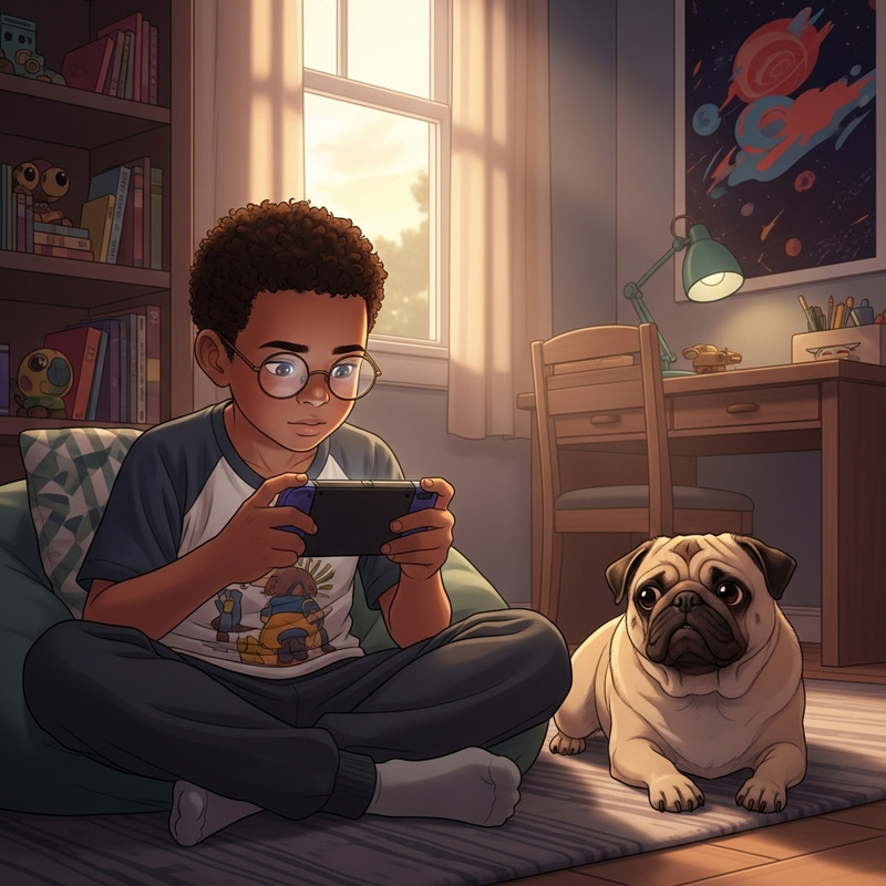 Brown Boy in Glasses Playing Console Game with Pug in Room