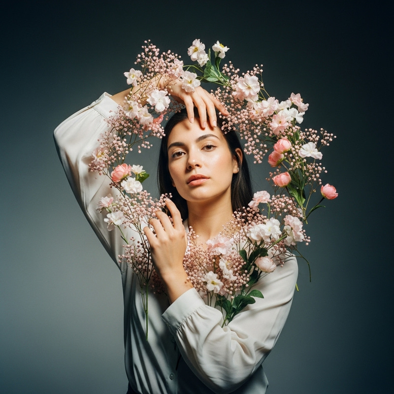 Enchanting Portrait of Hispanic Woman amidst Levitating Flowers