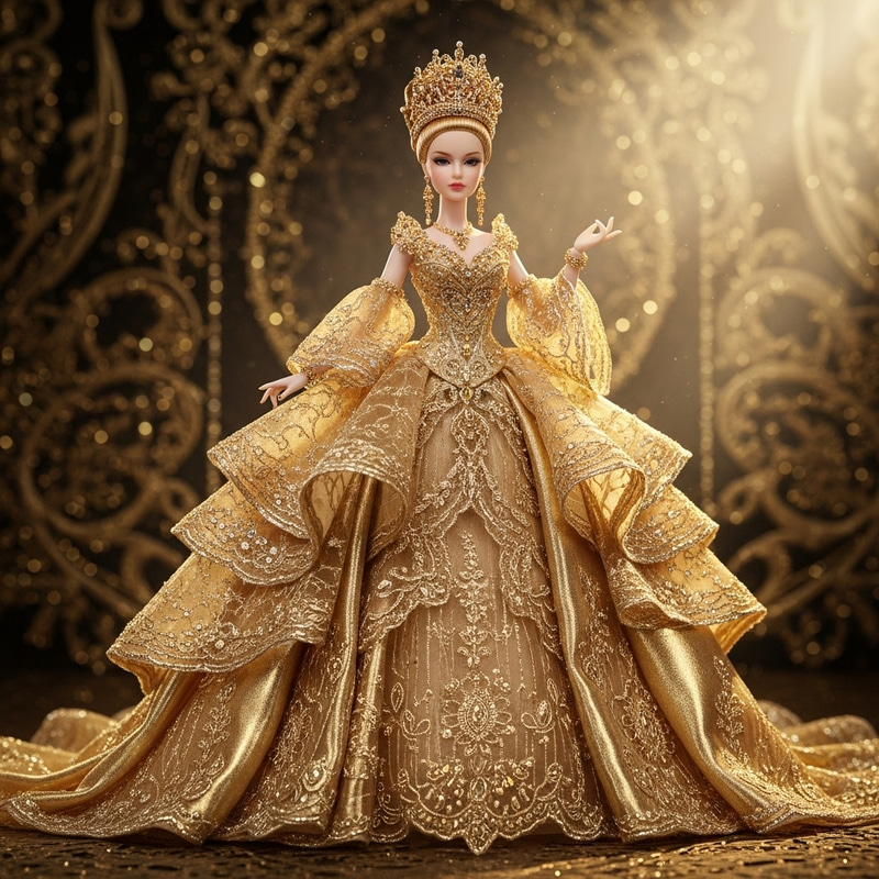 Barbie in Grandiose Golden Gown: Stunning Fashion Doll in Luxurious Attire