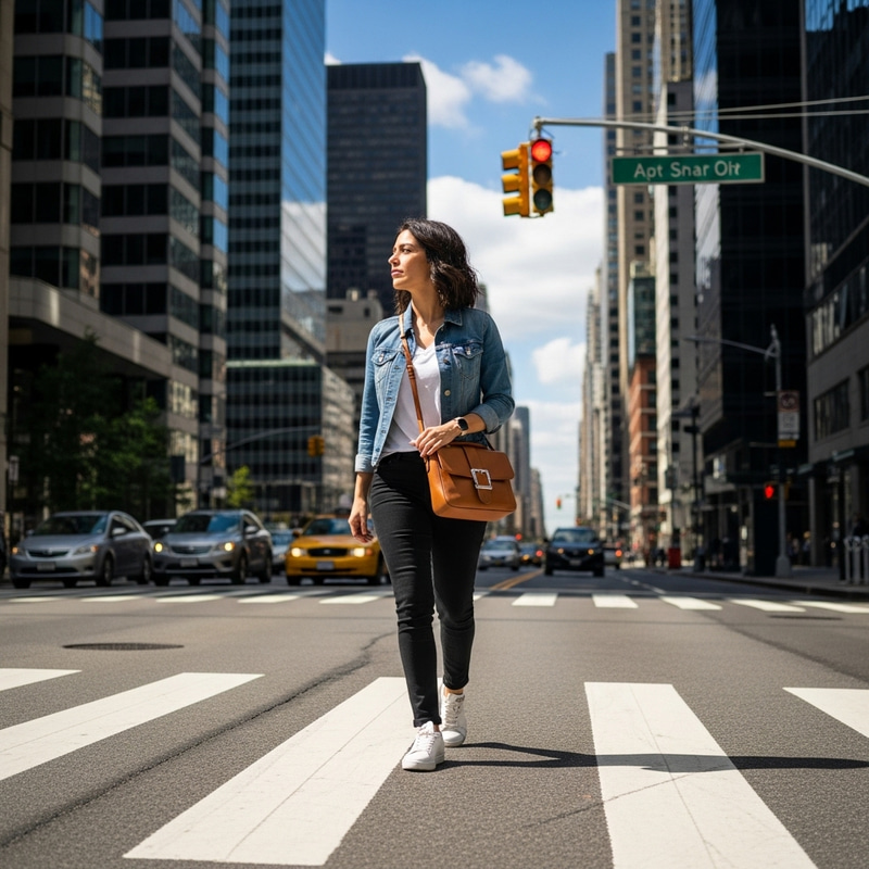 Woman Crossing Pedestrian Lane in Urban Setting Woman Crossing Pedestrian Lane in Urban Setting