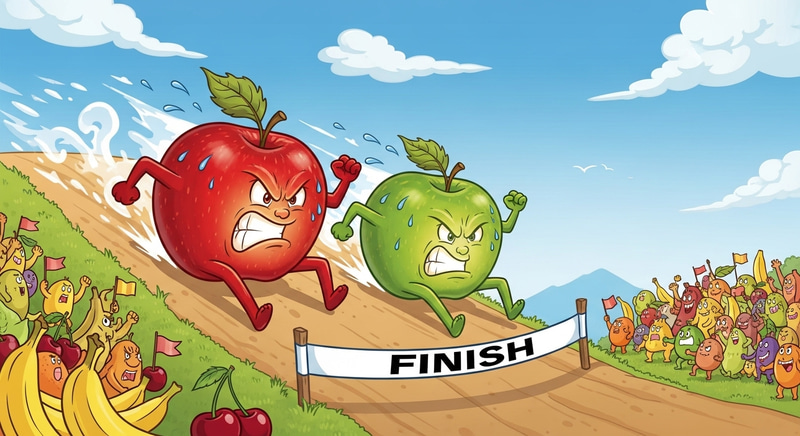 Funny Fruit Competition: Hilarious Apple Race Illustration Funny Fruit Competition: Hilarious Apple Race Illustration