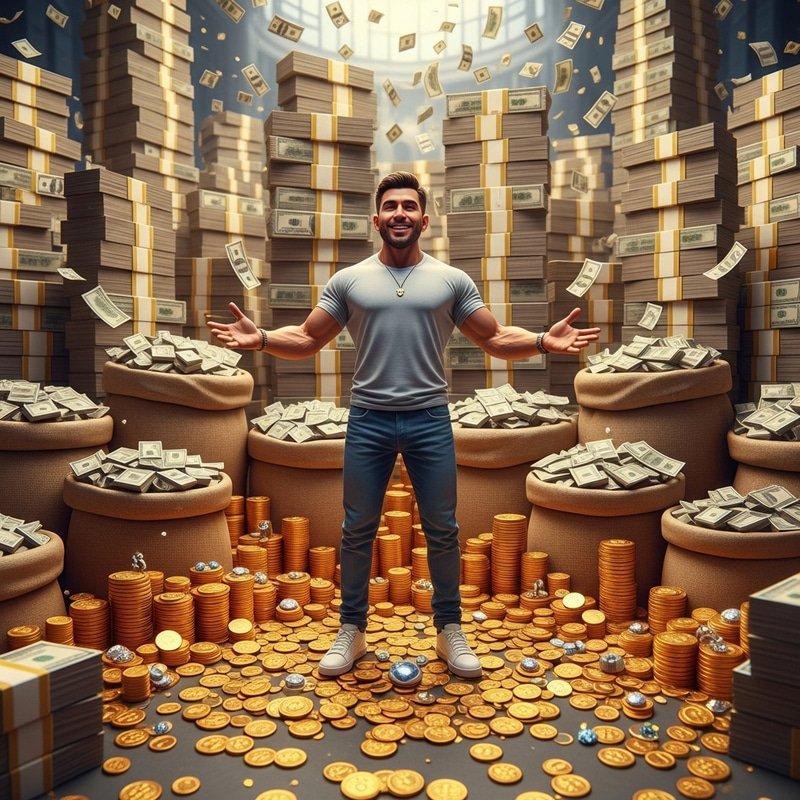 Mr Beast Surrounded by Money Stacks, Bags, and Gold Coins Mr Beast Surrounded by Money Stacks, Bags, and Gold Coins