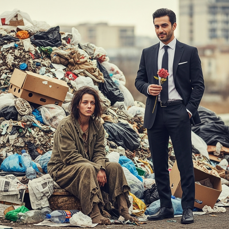 Contrast in Love: Elegant Man with Slavic Woman in Trash Contrast in Love: Elegant Man with Slavic Woman in Trash