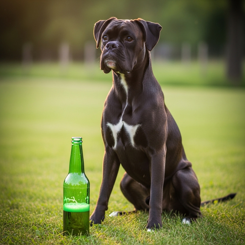 Sleek Black Boxer Dog with Beer Bottle in Sunlit Field Sleek Black Boxer Dog with Beer Bottle in Sunlit Field