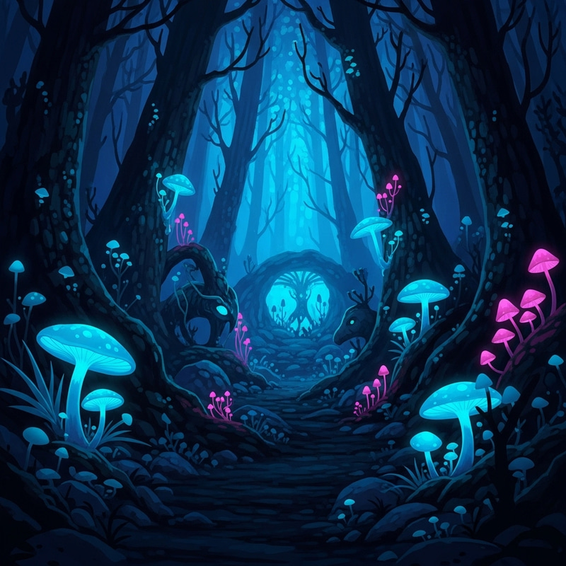 Neon-Hued Mystical Forest with Enchanting Creatures