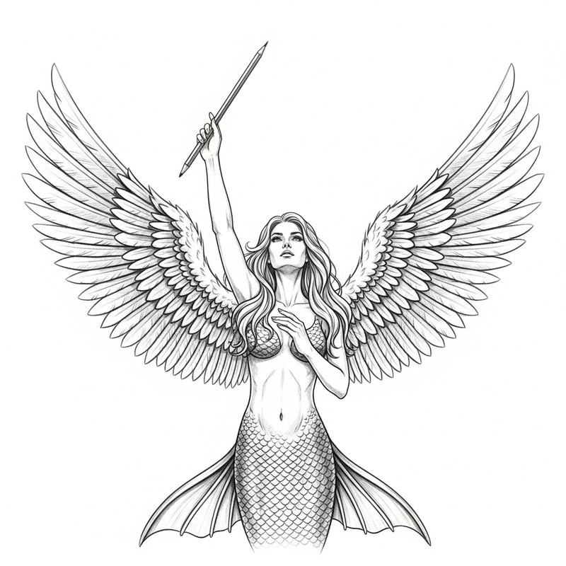 Majestic Mermaid with Angel Wings Pencil Drawing Majestic Mermaid with Angel Wings Pencil Drawing