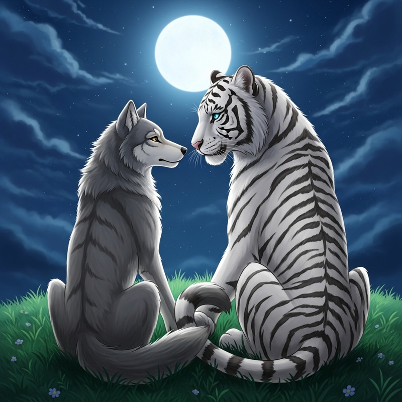 Wolf and White Tiger Affection | Night Sky Anime Fantasy Wolf and White Tiger Affection | Night Sky Anime Fantasy