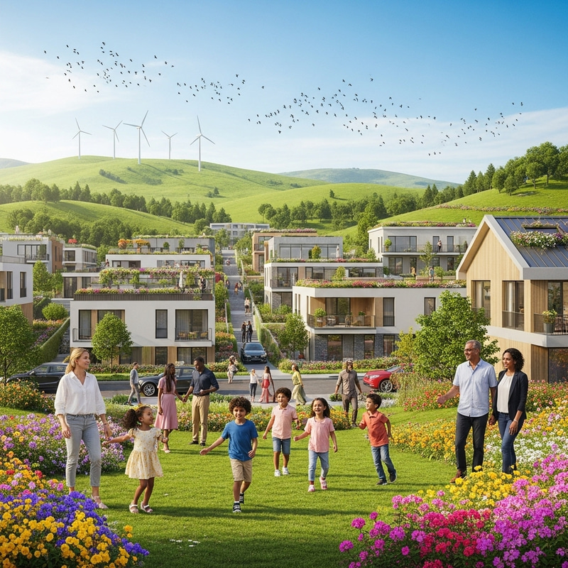 Happy & Colorful Modern Town with Wind Turbines & Birds Happy & Colorful Modern Town with Wind Turbines & Birds