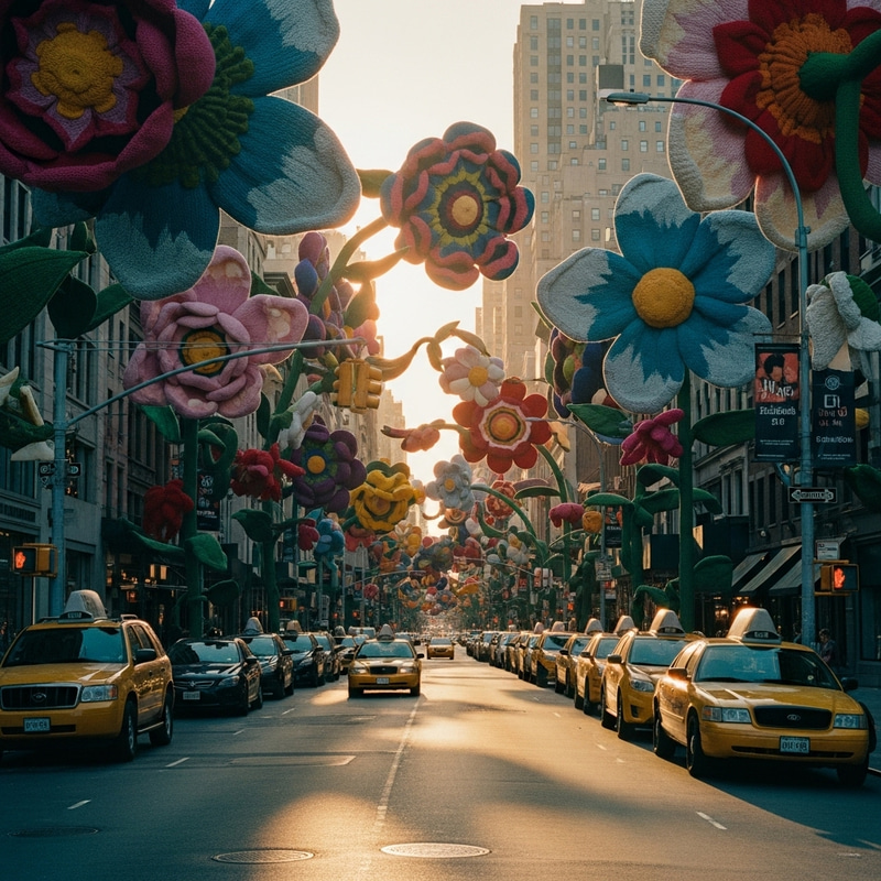 Majestic Knitted Flowers Adorning New York Streets