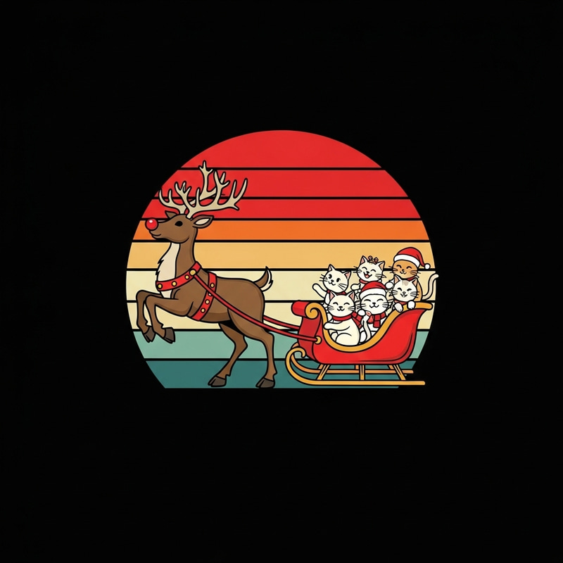 Vintage Red-Nosed Reindeer with Cats Leading Santa's Sleigh