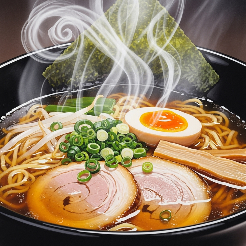 Colorful Ramen Bowl with Swirling Steam - Food Photography Close-Up Colorful Ramen Bowl with Swirling Steam - Food Photography Close-Up