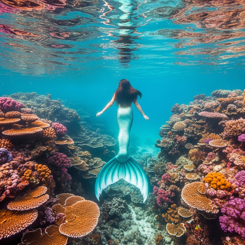 Surreal Underwater Mermaid Scene with Vibrant Coral Reefs and Iridescent Colors Surreal Underwater Mermaid Scene with Vibrant Coral Reefs and Iridescent Colors