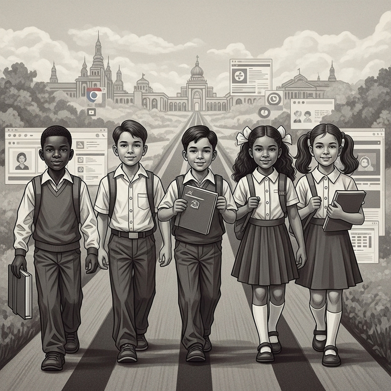 Vintage Black-and-White Poster of Soviet Era Children Exploring Road to Knowledge