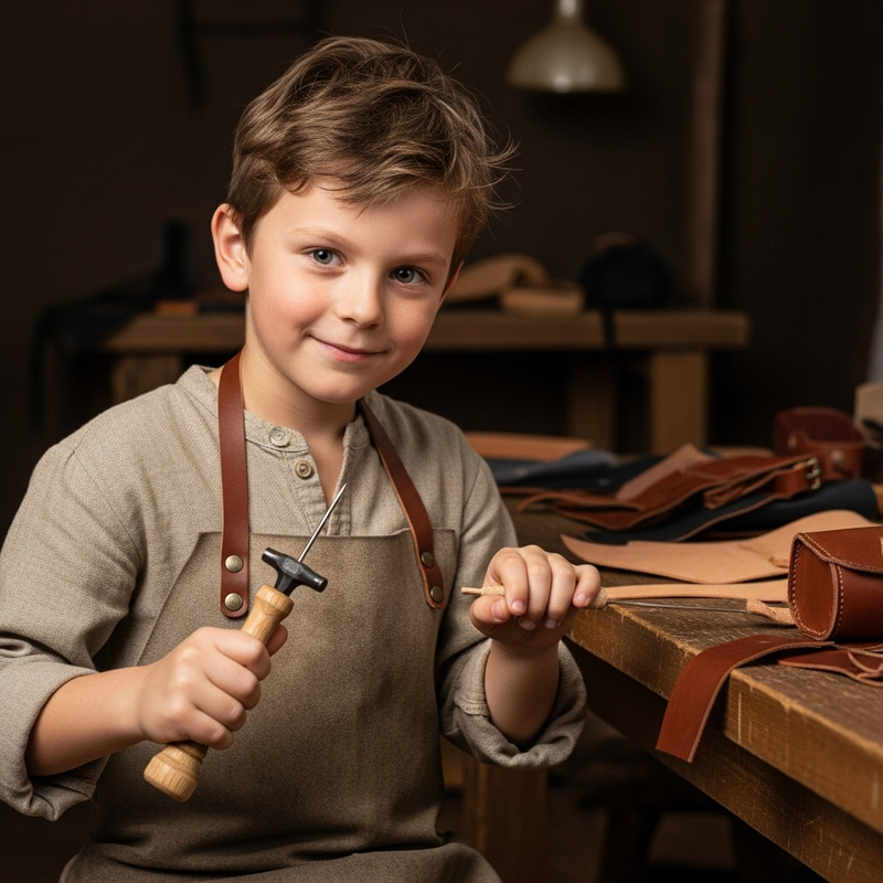 Crafty Young Boy with Awl | Leatherworking Enthusiast Crafty Young Boy with Awl | Leatherworking Enthusiast