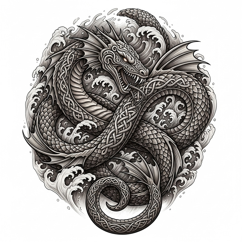 Viking Jörmungandr Tattoo in Viking Wood Style with Tumultuous Waters