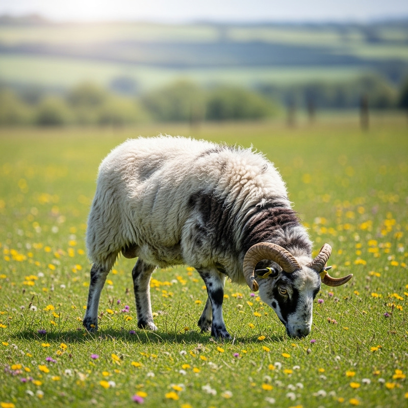 Beautiful Jacob Sheep Grazing in a Green Pasture Beautiful Jacob Sheep Grazing in a Green Pasture