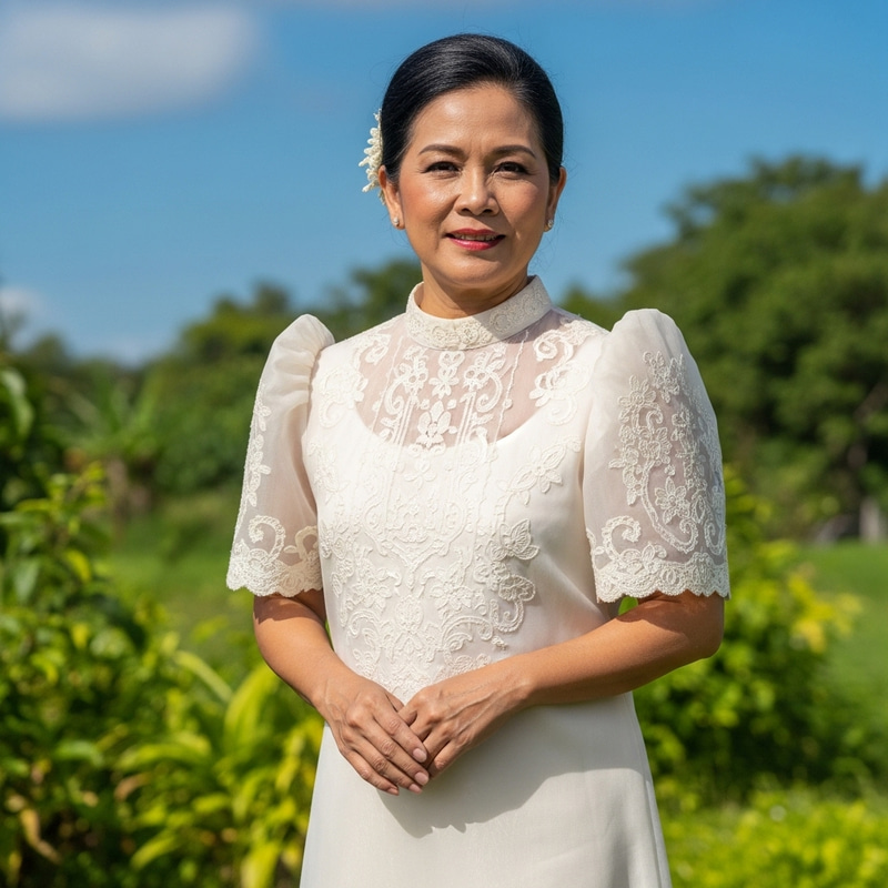 Traditional White Filipiniana Dress with High Sleeves Traditional White Filipiniana Dress with High Sleeves