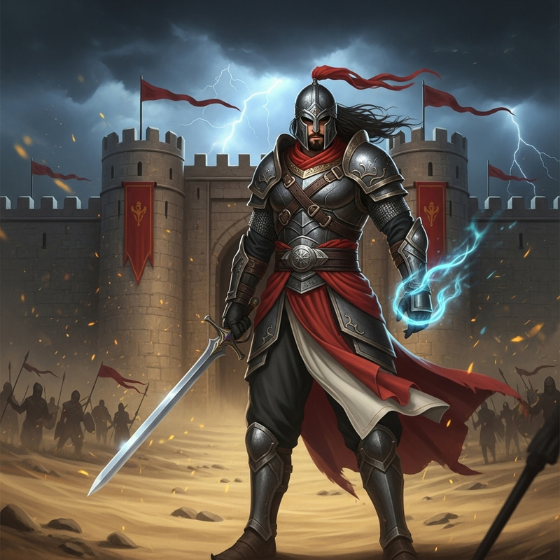 Epic Middle-Eastern Warrior Amidst Imminent Battle