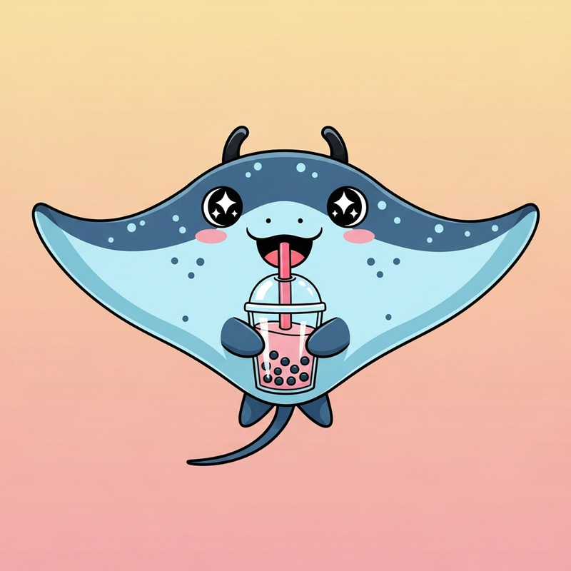 Adorable Manta Ray Sipping Bubble Tea Vector Illustration