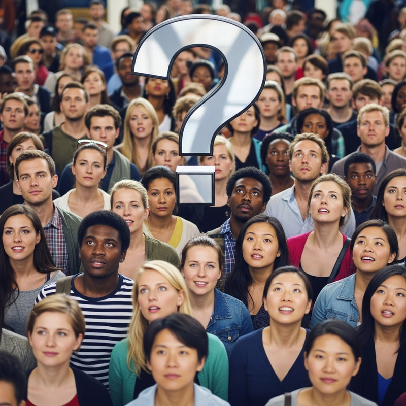 Diverse Crowd Gazing at Enigmatic Question Mark: Multicultural Gathering