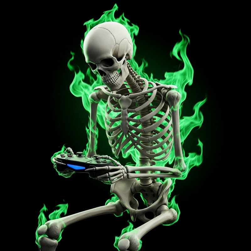 Skeleton Gamer in Green Flame Background