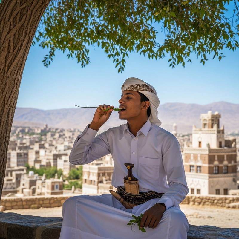 Young Yemeni Man Enjoying Khat Leaves Outdoors Young Yemeni Man Enjoying Khat Leaves Outdoors