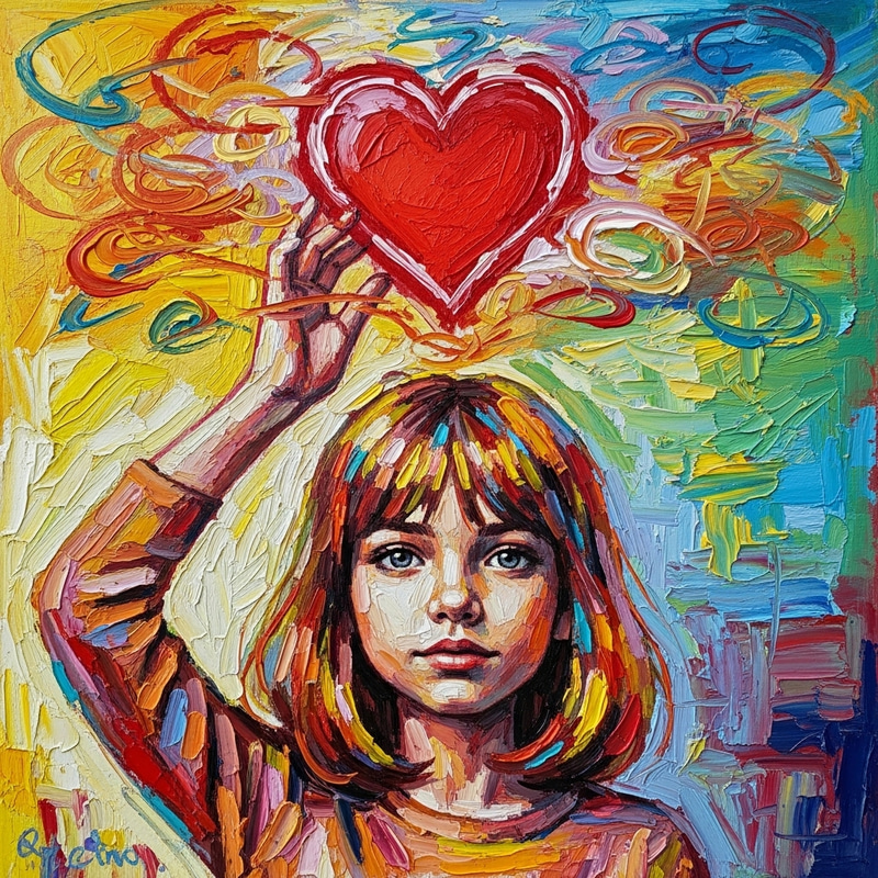 Vivid Impressionistic Girl Holding Heart in Oil and Crayon Art Vivid Impressionistic Girl Holding Heart in Oil and Crayon Art