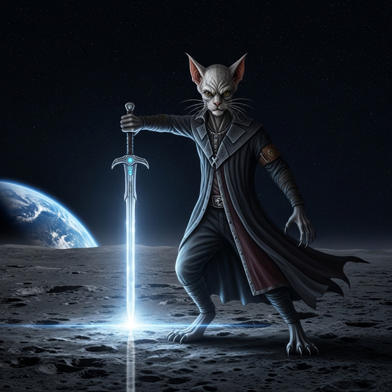 Feline Warrior on Moon wielding Sword