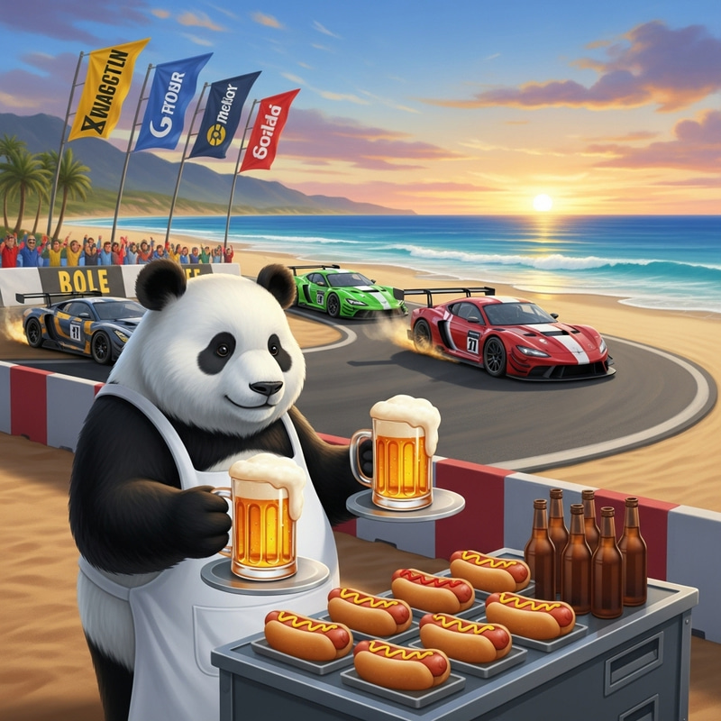 Panda Bear at Grand Car Racing Event Serving Beer & Hotdogs Panda Bear at Grand Car Racing Event Serving Beer & Hotdogs