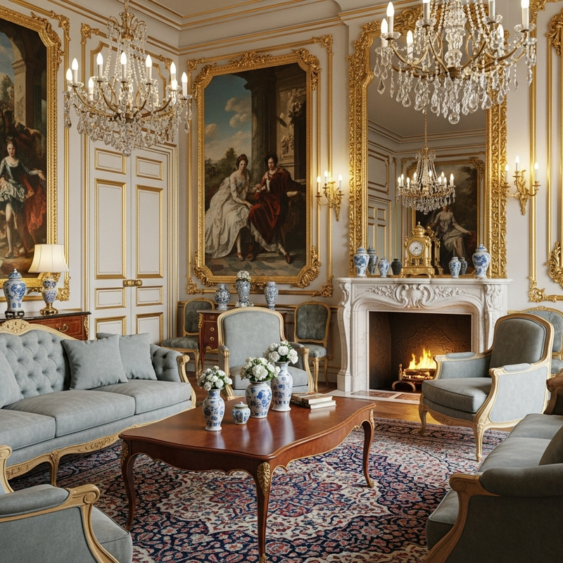 Opulent Second Empire Era Salon with Crystal Chandeliers and Plush Furnishings