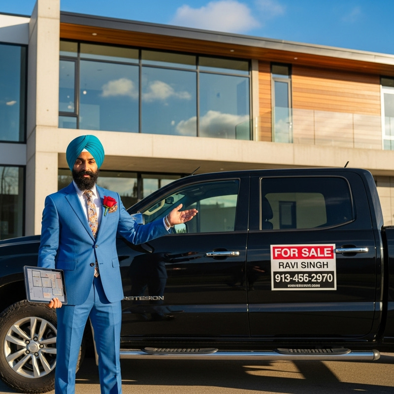 Vibrant Sikh Realtor with RAM Truck at New Building
