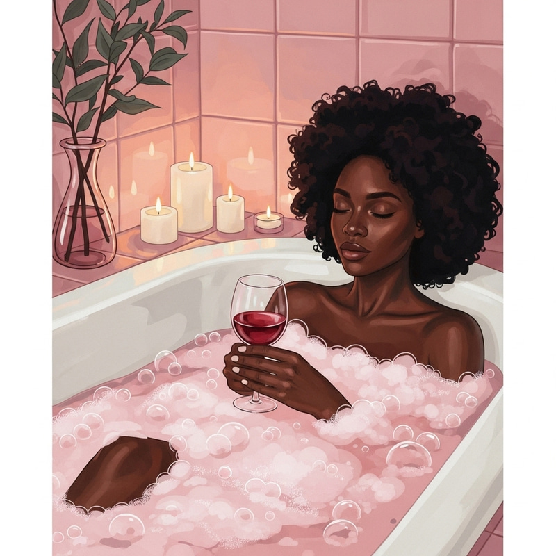 Tranquil Black Woman in Abstract Bathtub: Serenity and Wine