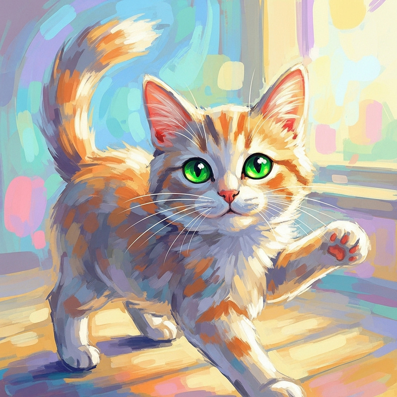 Playful Cat with Bright Green Eyes - Whimsical Digital Painting