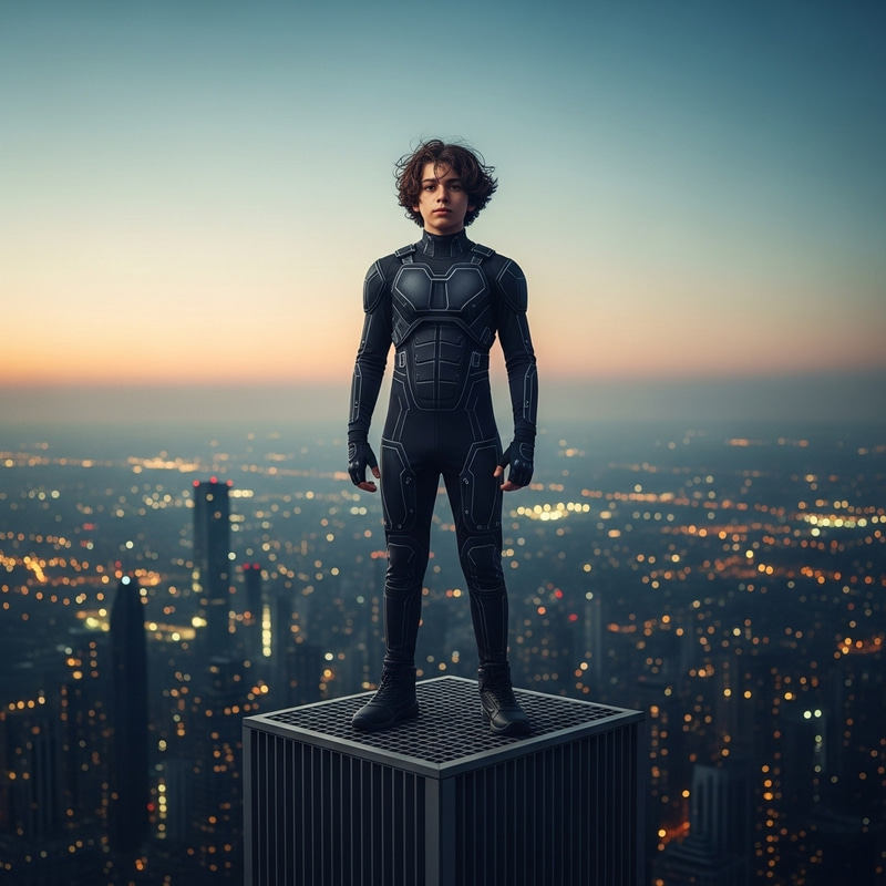 Cool Boy in Dark High-Tech Suit on Skyscraper